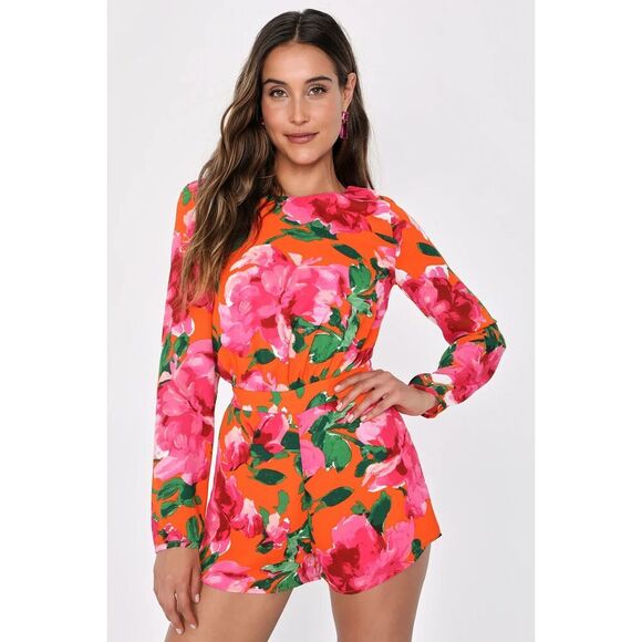 LULUS Sweetest Song Orange Floral Print Romper Sz Large Backless Long Sleeve NWT - Picture 2 of 13